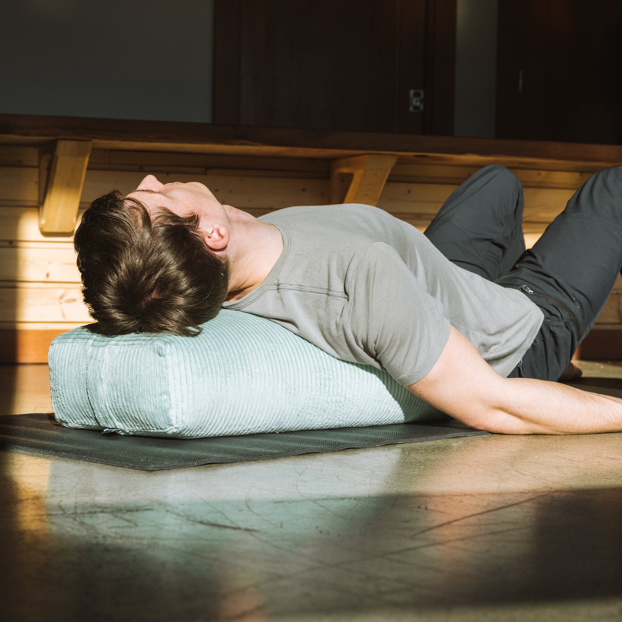 Halfmoon Corduroy Rectangular Bolster Eucalyptus in use